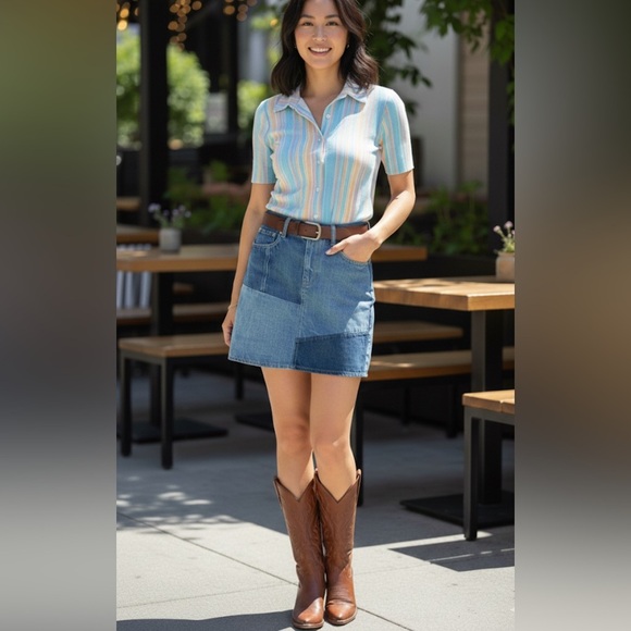 ✨Anthropologie Levi's Blue Denim Mini Patchwork Vintage Style Skirt - Picture 2 of 10